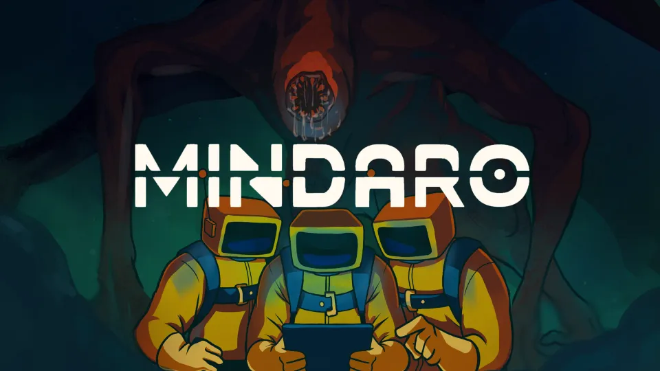 Mindaro key art: three pioneers descending under a looming creature