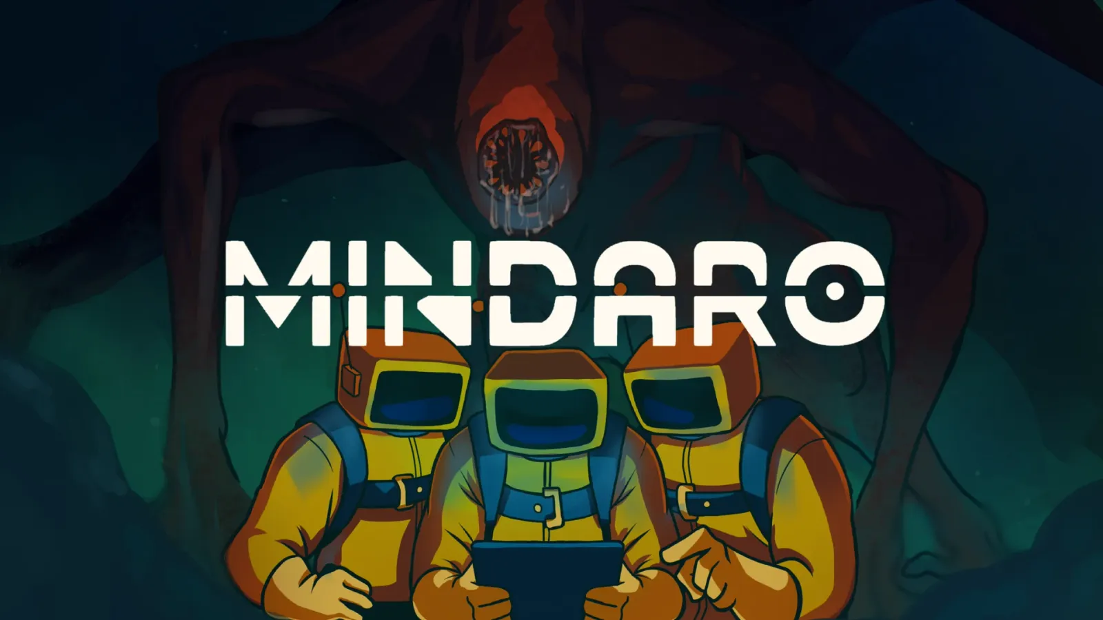 Mindaro key art: three pioneers descending under a looming creature